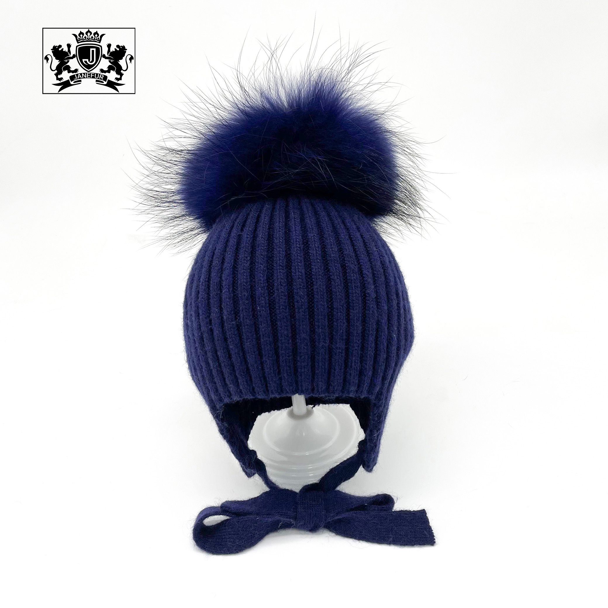 Custom Winter Beanie with Big Fur Pom Pom Cute Earflap Baby Stripe Hat New Fashion Angora Knitted Toddler Ear Flap Beanies Hats