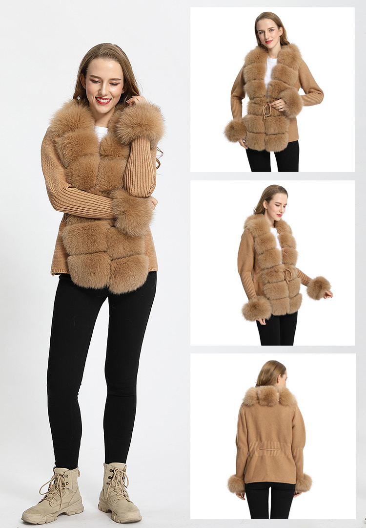 Wholesale Ladies Autumn Winter Knitted Fox Fur Trim Wool Fur Sweater