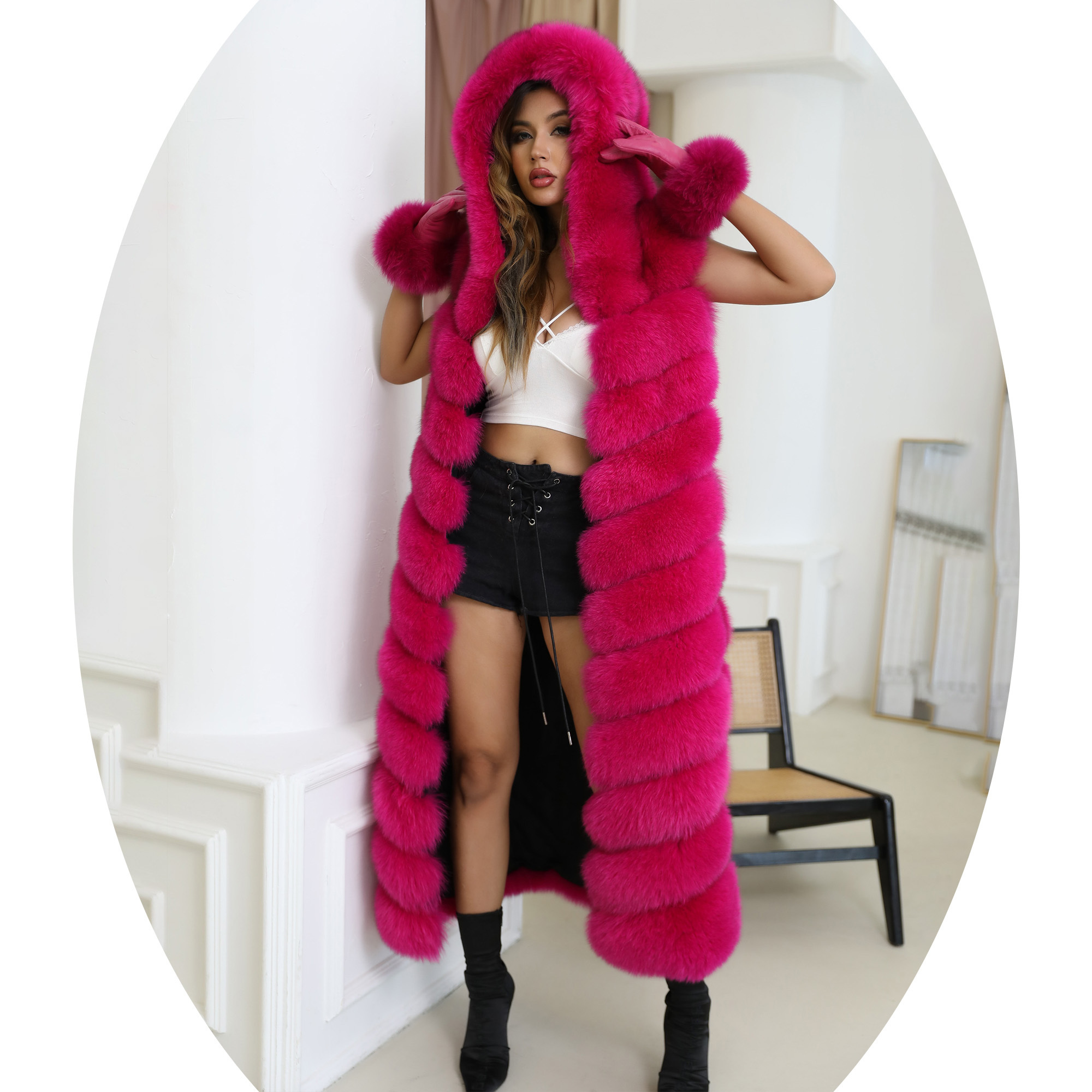 Factory Directly Wholesale  Winter Real Fur Gilet Pink Women Long Hooded Fox Fur Vest