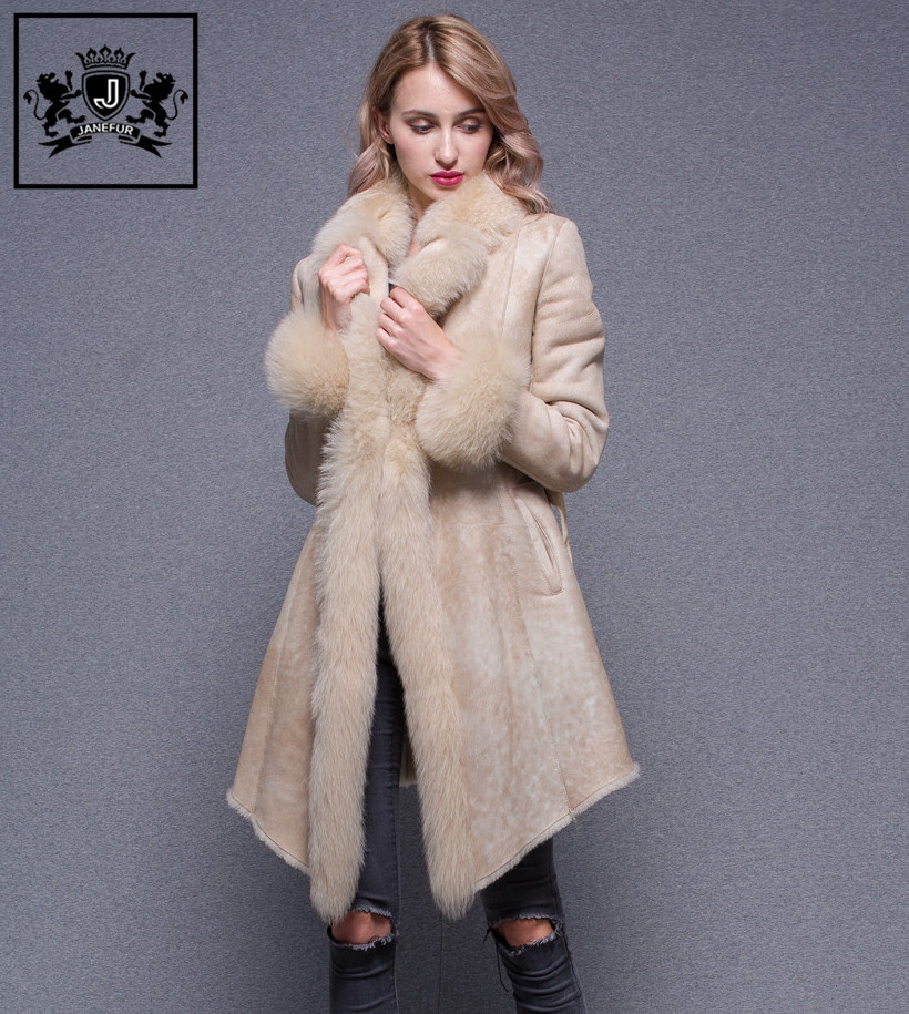 2018 Warm Real Soft Fox Fur Collar Trim Cuff Sheep Fur Jacket Lambskin Leather Coat Women