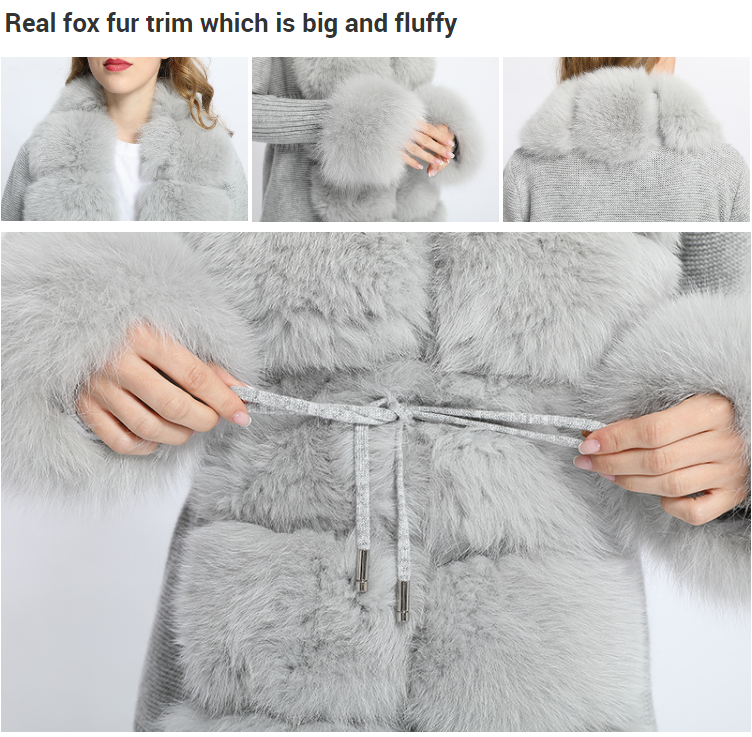 Wholesale Ladies Autumn Winter Knitted Fox Fur Trim Wool Fur Sweater