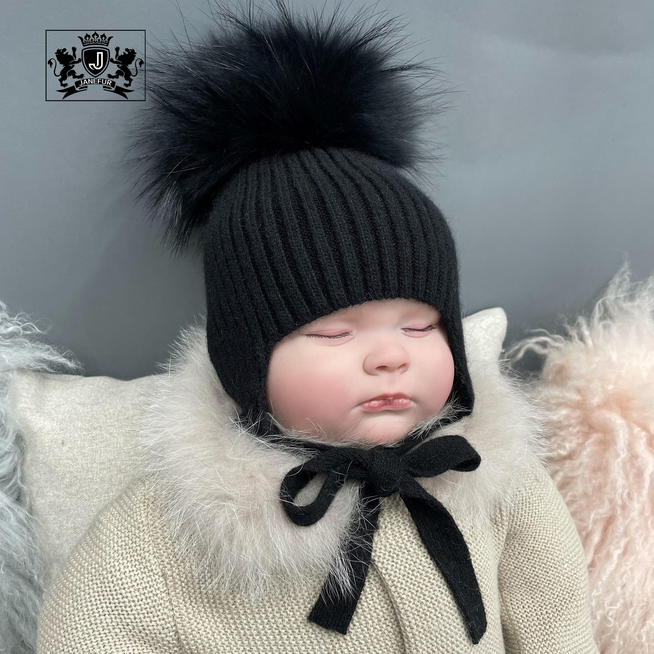 Custom Winter Beanie with Big Fur Pom Pom Cute Earflap Baby Stripe Hat New Fashion Angora Knitted Toddler Ear Flap Beanies Hats