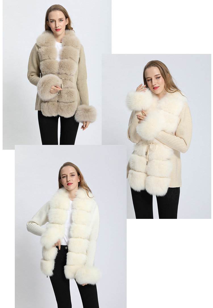 Wholesale Ladies Autumn Winter Knitted Fox Fur Trim Wool Fur Sweater