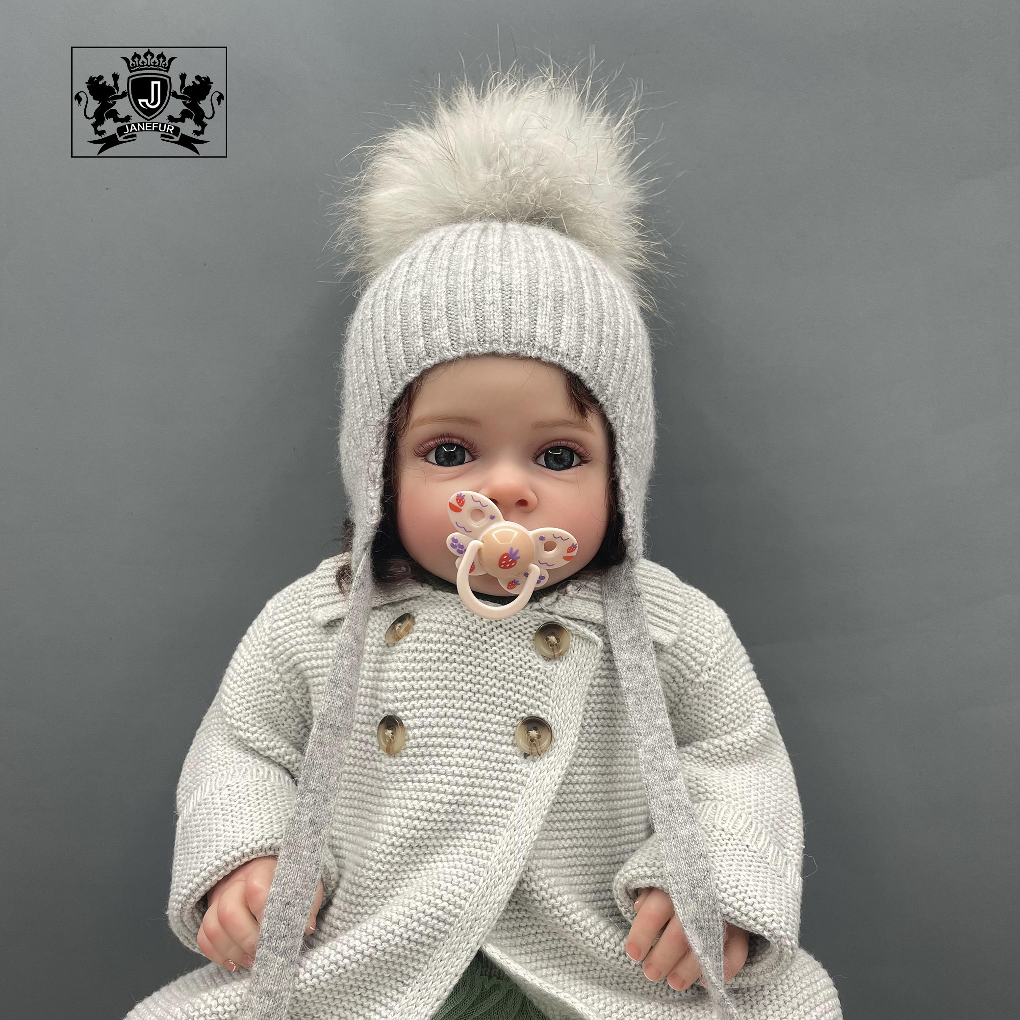 Custom Winter Beanie with Big Fur Pom Pom Cute Earflap Baby Stripe Hat New Fashion Angora Knitted Toddler Ear Flap Beanies Hats