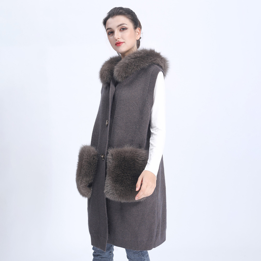 Janefur Women Hooded No Sleeve Long Design Sleeveless Fur Vest Sweater