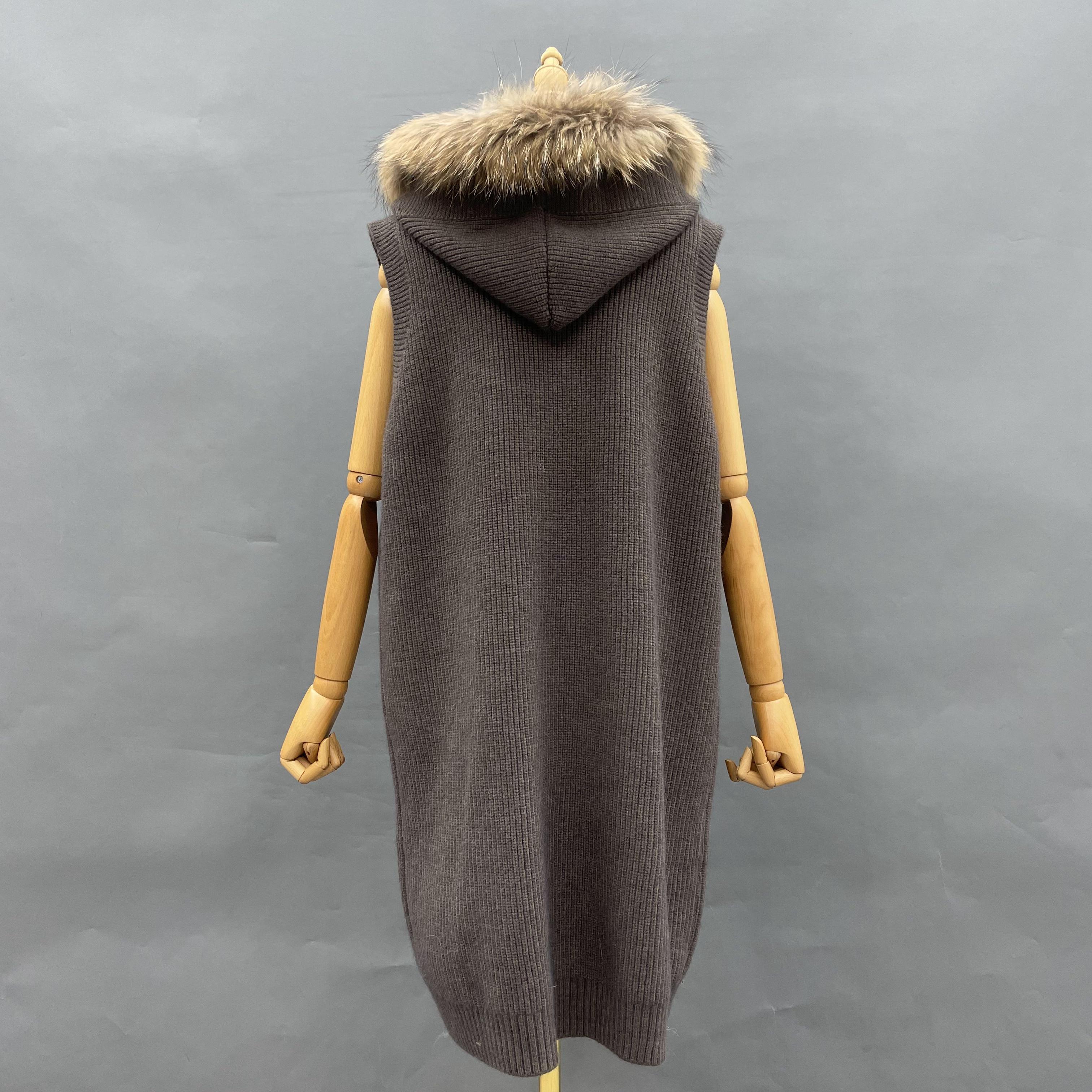 Janefur Women Hooded No Sleeve Long Design Sleeveless Fur Vest Sweater