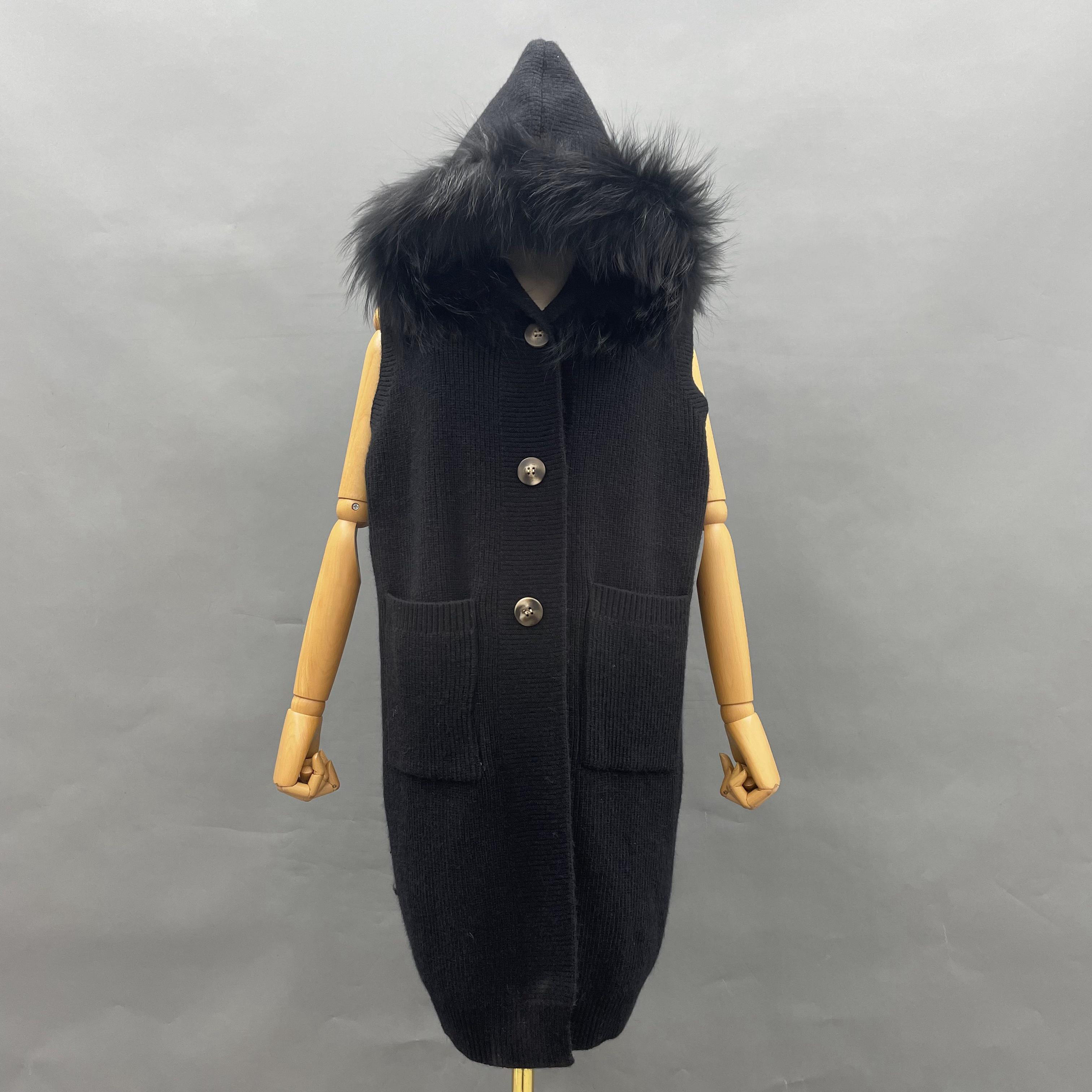 Janefur Women Hooded No Sleeve Long Design Sleeveless Fur Vest Sweater