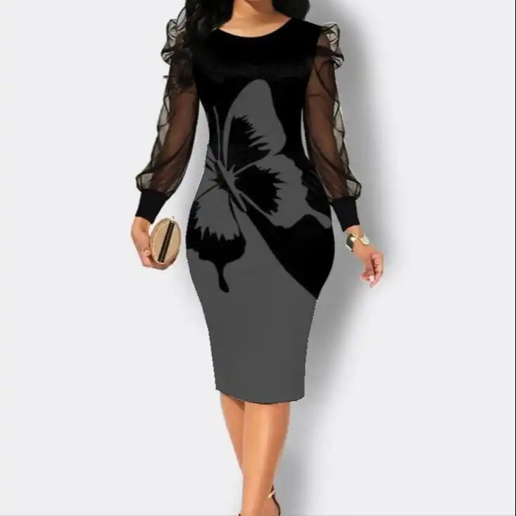 women's long sleeve crew neck sleeves tulle detail printed raised diving dress winter autumn dress casual dress