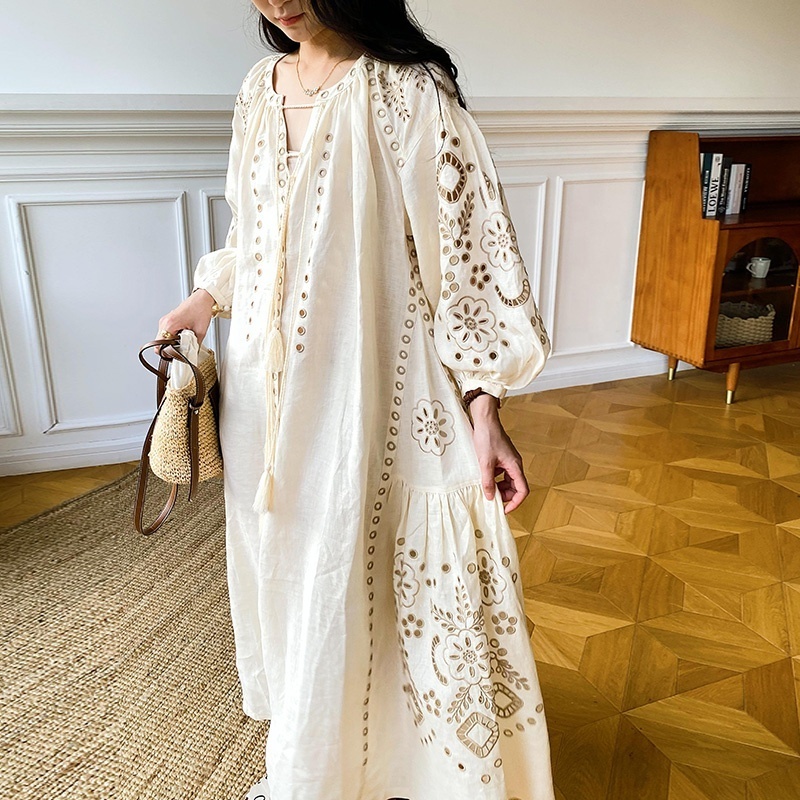 OEM High Quality Crew Neck 3/4 Sleeve Boho Dress Vacation Maxi Loose Dress Summer Luxury Placement Embroidery Dress for Women