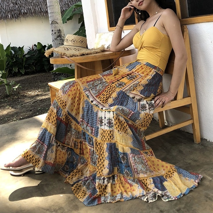 High Quality Patchwork Geo Print Casual Women Boho Maxi Skirt Bohemia Resort Lady Loose  Long  Floral Skirt