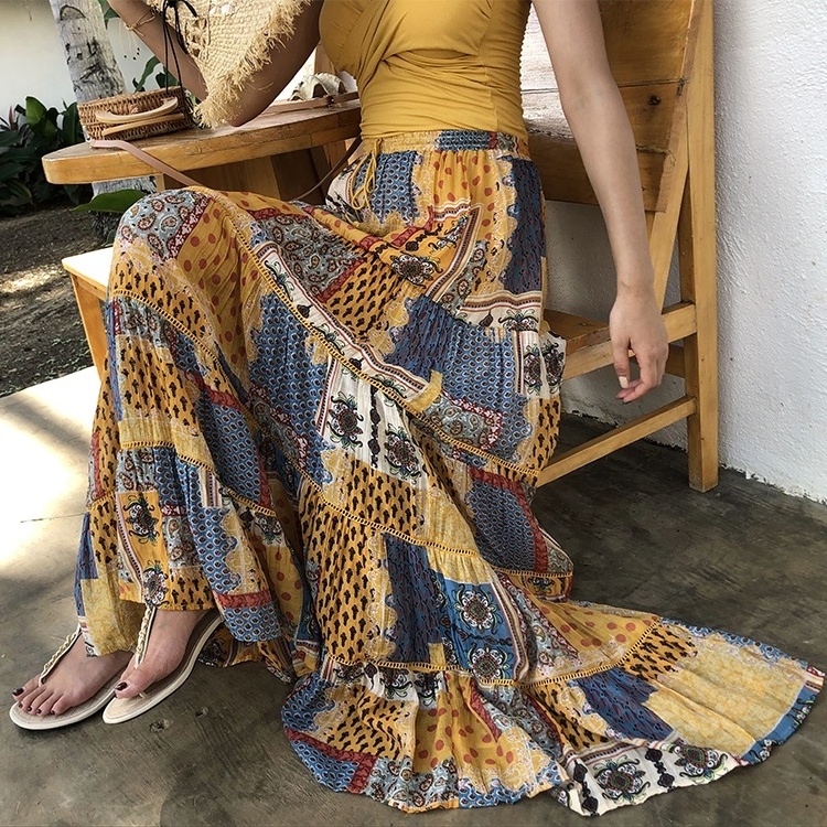 High Quality Patchwork Geo Print Casual Women Boho Maxi Skirt Bohemia Resort Lady Loose  Long  Floral Skirt