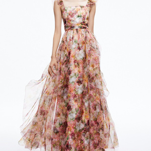 New Arrival Allover Floral Print Romantic Long Gown Dress Elegant Ruffled Straps and Skirt Chic Flowy Maxi Women Evening Dress