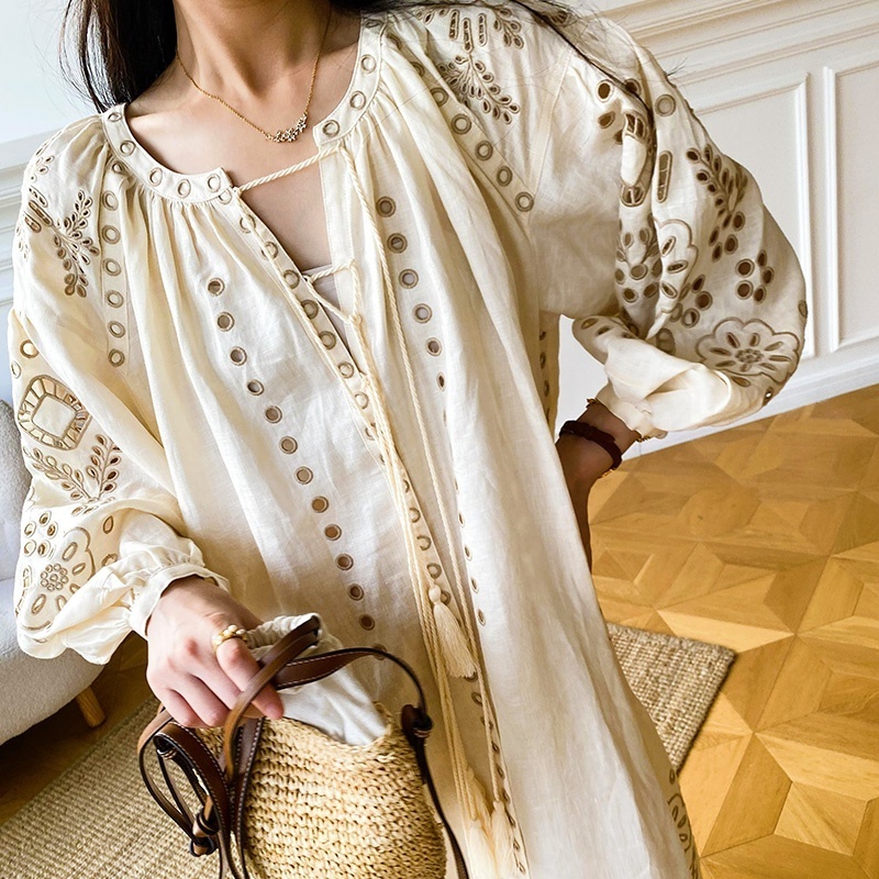 OEM High Quality Crew Neck 3/4 Sleeve Boho Dress Vacation Maxi Loose Dress Summer Luxury Placement Embroidery Dress for Women