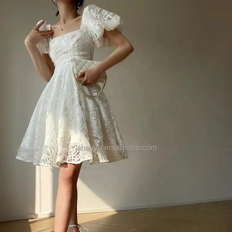 High Quality Casual Dresses Ladies Summer Mini Allover Floral Embroidery dress Short Puff Sleeves Square Neck Tutu Dress