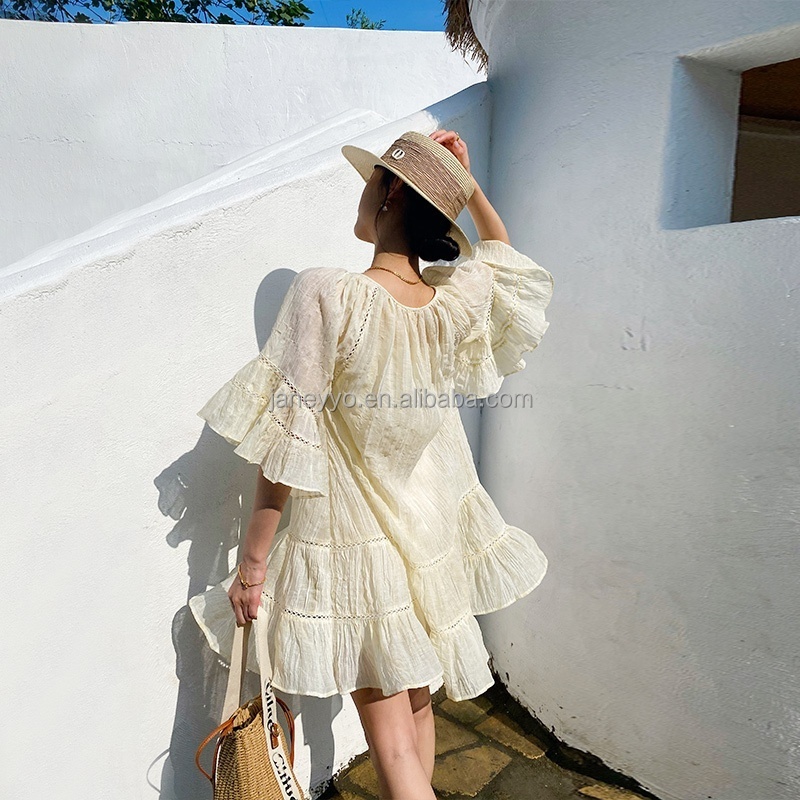 Fast Delivery Fashion Women Round Neck Crinkle Textured Printed Boho Dress Big Flared Short Sleeve  Mini Tunic Dress