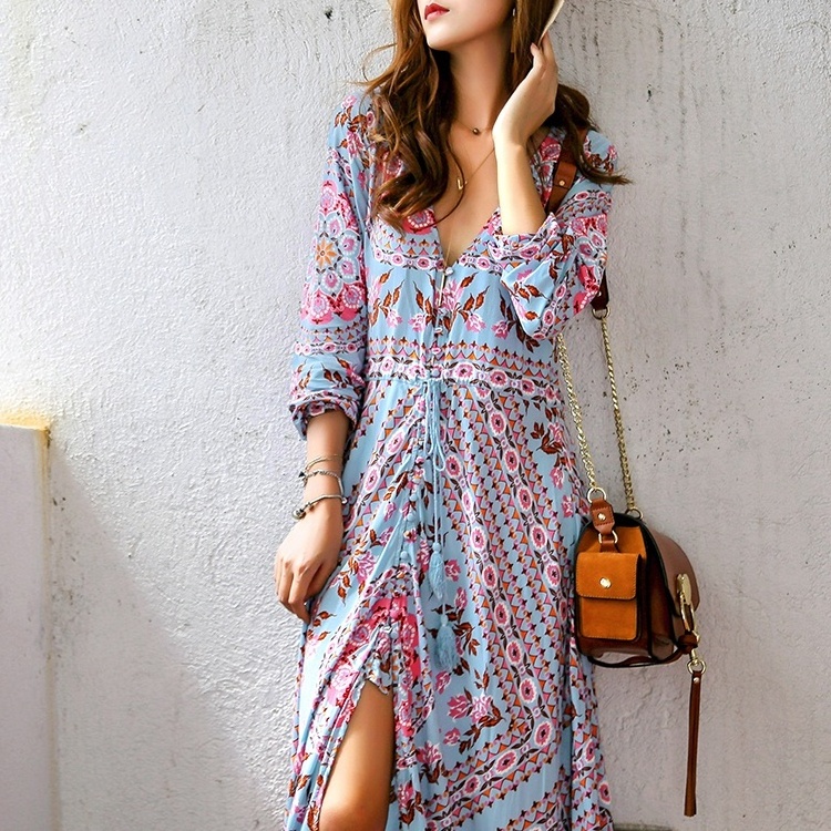 Boho  Long Sleeve Deep V Neck With Tassels Maxi Dress Custom Pattern Printed High Slit Women Casual Dresses Sexy Beach Dress