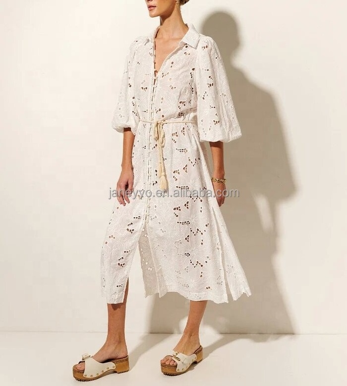 Summer Women Clothes Belted Long Puff Sleeve Cutout Resort Button Up Tunic Dress Embroidery Modest White Dress Chic Bohe Dress