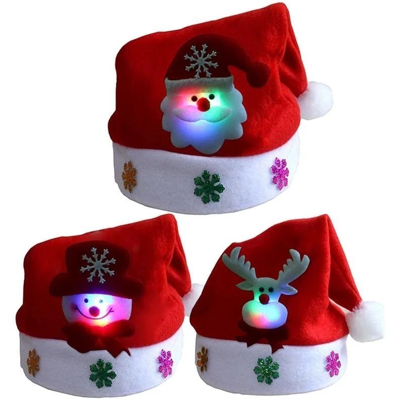 LED Christmas Hats Light Up Santa Claus Snowman Elk Xmas For Children Adult Gift Decoration Photography Accessories