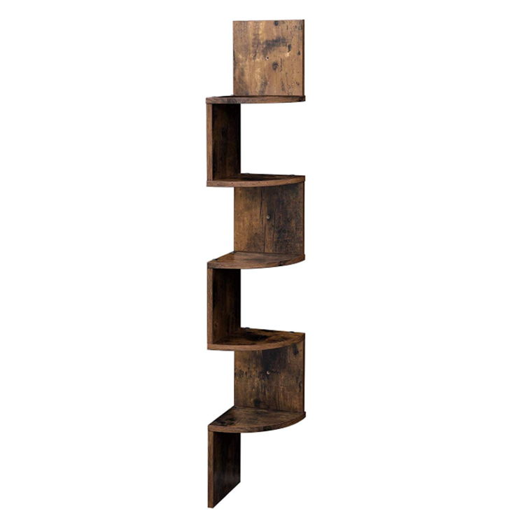 Rustic Brown Floating Corner Organization 5 Tier Wooden Book Shelf for Wall