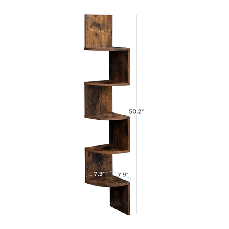 Rustic Brown Floating Corner Organization 5 Tier Wooden Book Shelf for Wall