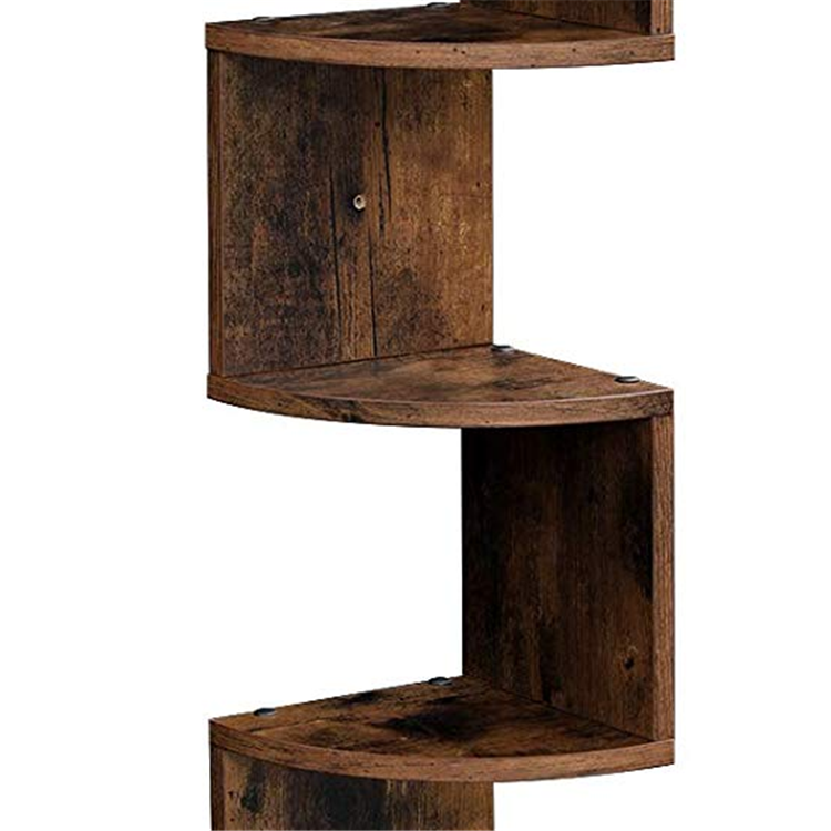 Rustic Brown Floating Corner Organization 5 Tier Wooden Book Shelf for Wall