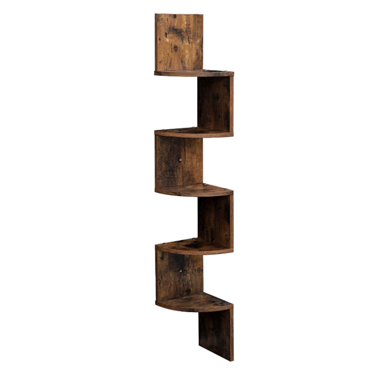 Rustic Brown Floating Corner Organization 5 Tier Wooden Book Shelf for Wall