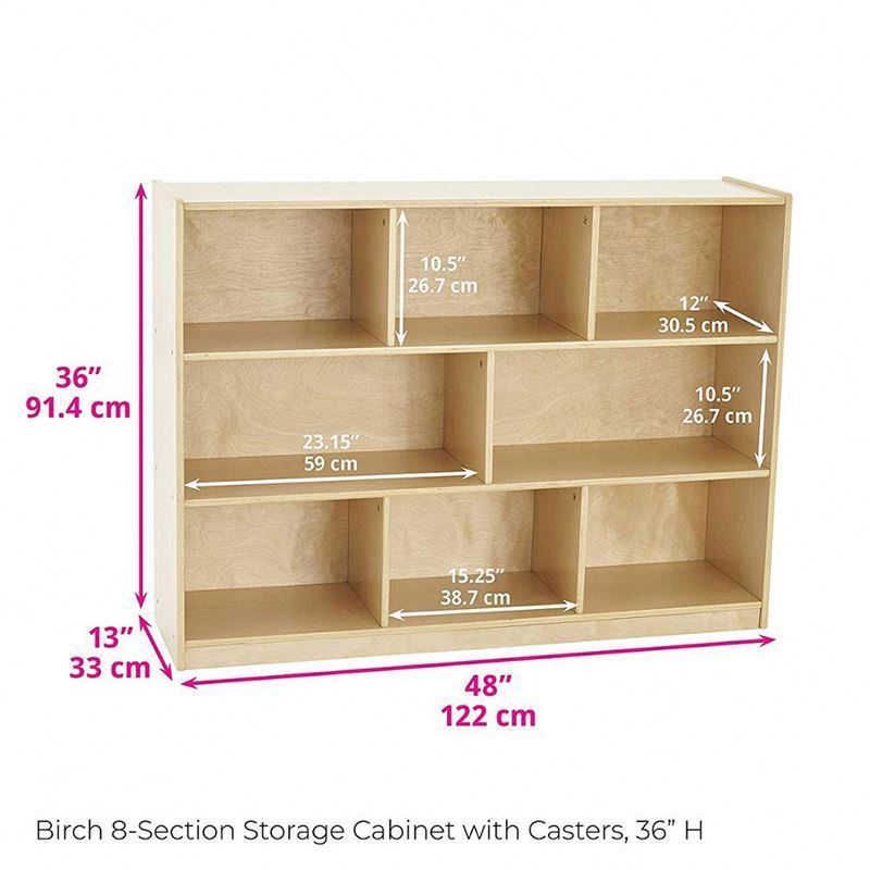 Birch 8-Section School Classroom Storage Cabinet with Casters, Commercial or Personal Storage, Kids Storage Organizer Shelf