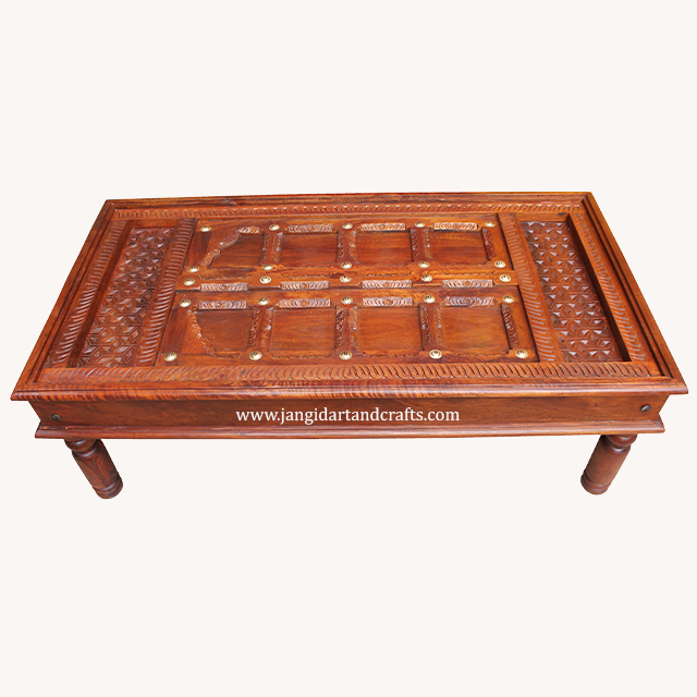 Indian Wooden Carved Pattern Home Decor folding leg easy to pack Mango Wood Table Leg Natural Wood Coffee Side Table for Home