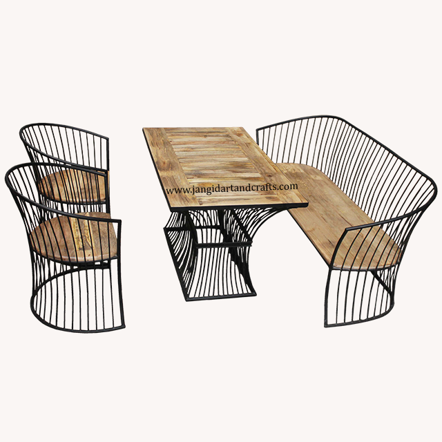 Customised industrial iron and wooden outdoor 1 dining table + 1 sofa + 2 chair wrought iron hotel resort garden furniture set