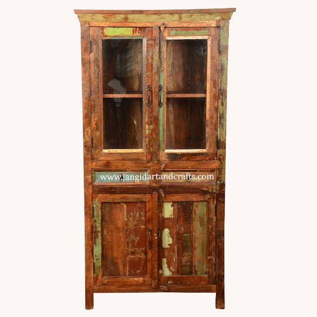 Indian Vintage Antique Look Almirah Glass Door Wholesale Bedroom Furniture Multifunctional Living Room Side Display Cabinet Unit