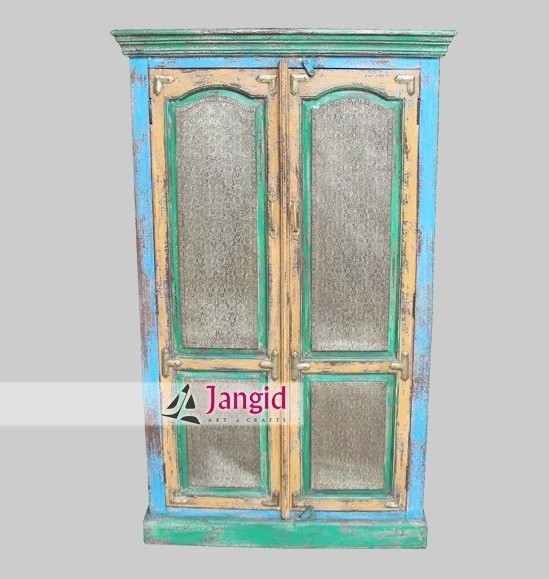 distressed wood painted brass work armoire India