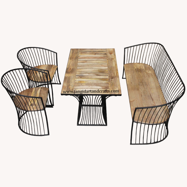 Customised industrial iron and wooden outdoor 1 dining table + 1 sofa + 2 chair wrought iron hotel resort garden furniture set