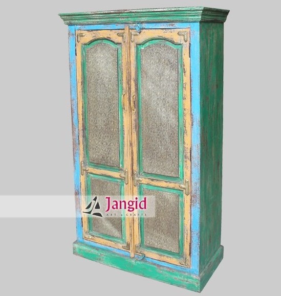 distressed wood painted brass work armoire India