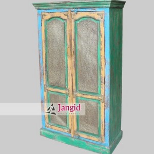 distressed wood painted brass work armoire India