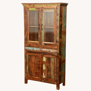 Indian Vintage Antique Look Almirah Glass Door Wholesale Bedroom Furniture Multifunctional Living Room Side Display Cabinet Unit