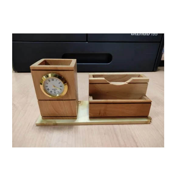 Creative wooden pen holder and clock promotional gift luminous square wooden clock led digital natural craft