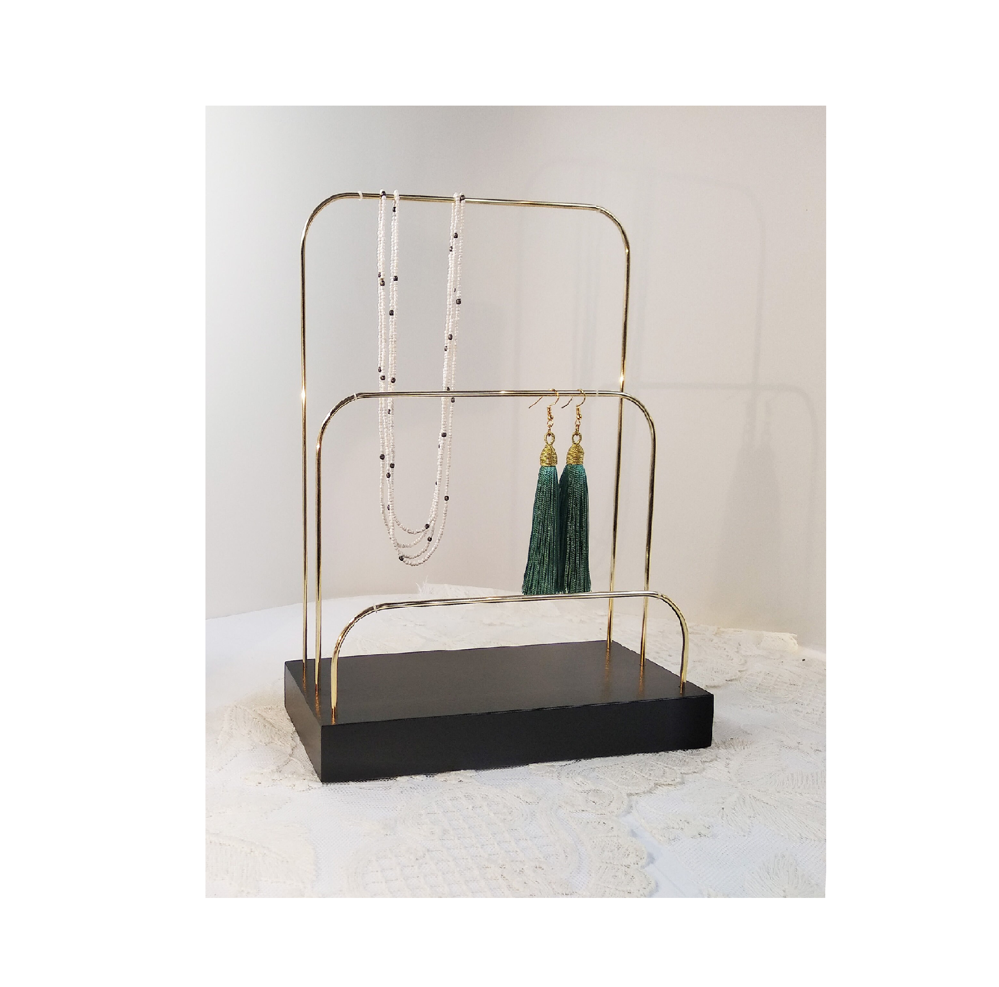 Wholesale Wood and brass jewlery stand Ring Earring Ornaments Jewelry Holder Wooden Earring Display Stands with sale