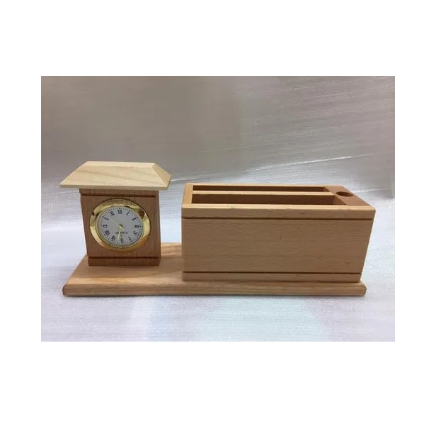 Creative wooden pen holder and clock promotional gift luminous square wooden clock led digital natural craft