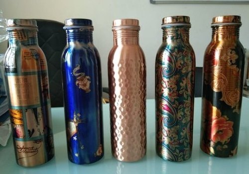 Indian Hand Made Pure Copper Water Bottle Hammered Brass unique painted for handmade use for hot sale