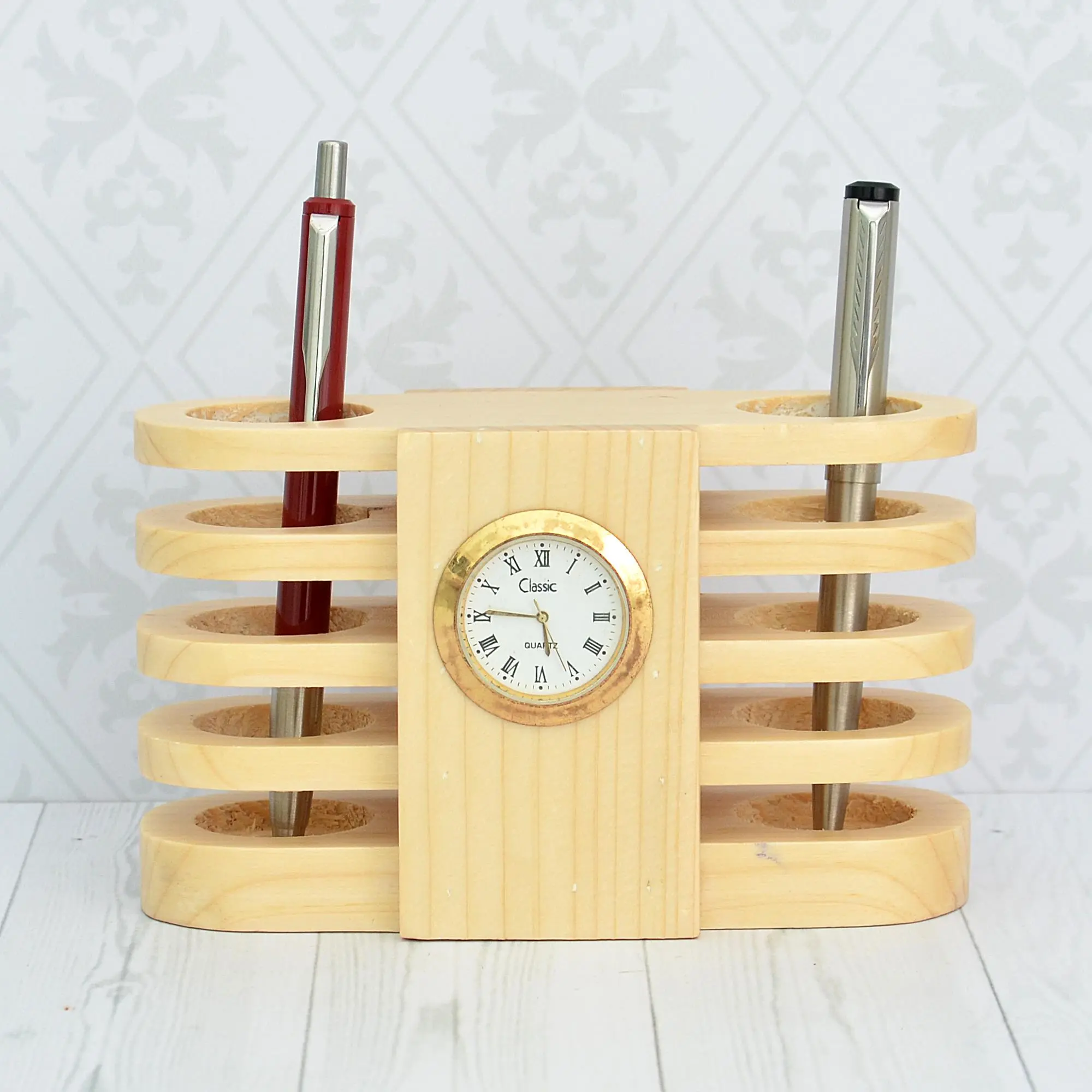 Customized pen holder and watch Desktop Digital Alarm Clock with Wooden natural craft with handmade use