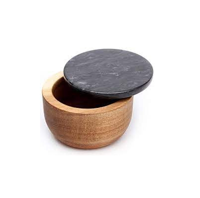 Natural wooden Spice Jar Salt Shaker mixing bowl With marble Lid And Spoon and round shape and sale product