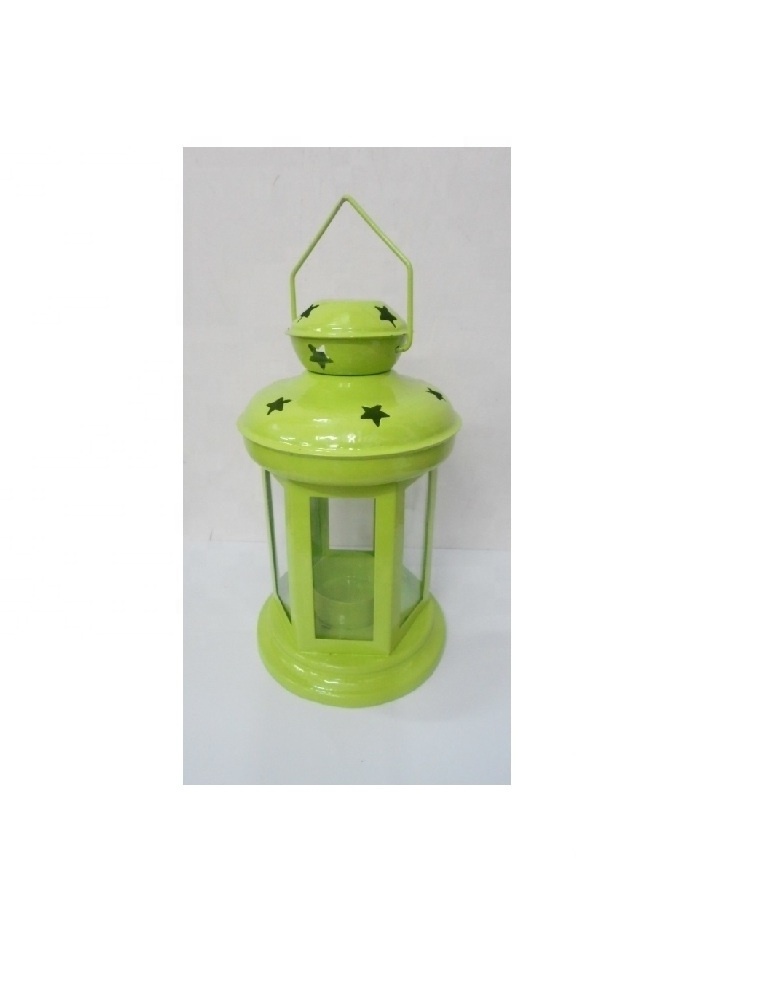 Glass And Iron Decorative Modern Design Lantern Green Powder Coated Finishing high qulaity fancy lantern