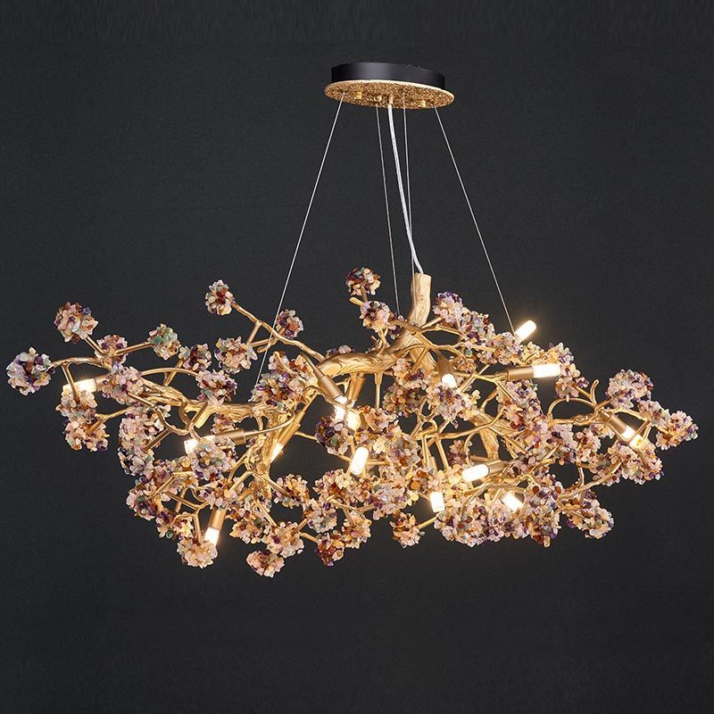 Long Chandelier Pendant Lights Brass Light Fixture Flower Rock Crystal Flower Living Room Hotel Villa Restaurant Hanging Lamp