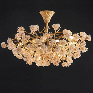 Luxury Rock Crystal Chandeliers Pendant Lights Brass Flower Decoration Living Room Hotel Villa Restaurant Light Fixture