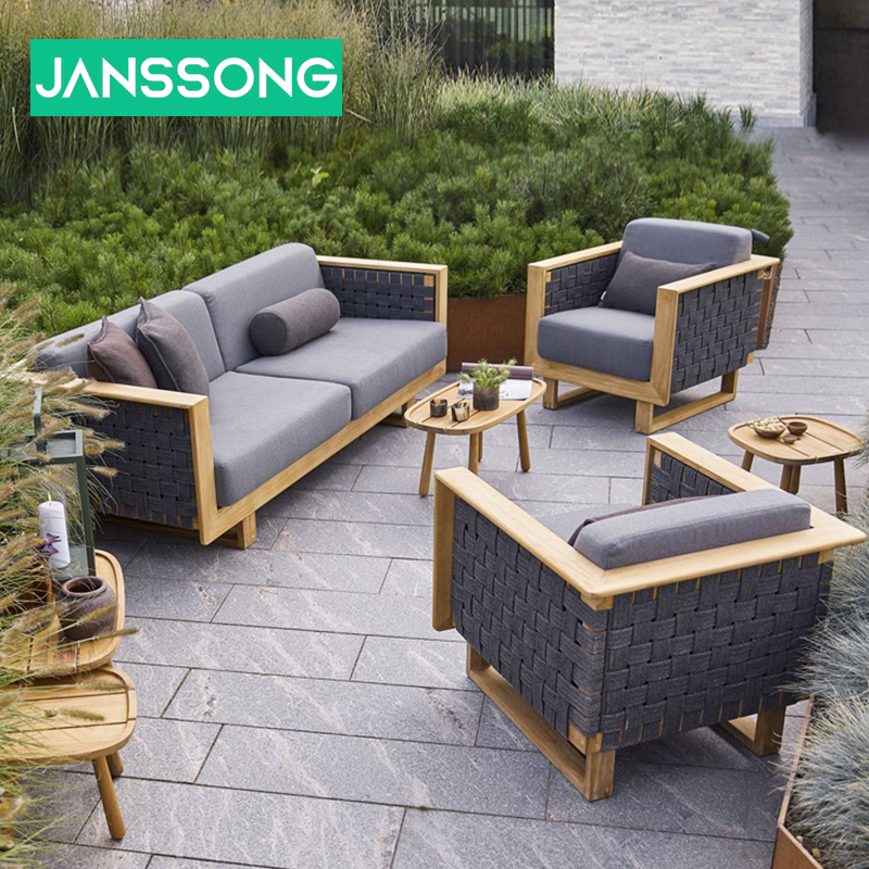 Best Seller Modern Design Natural Teak Wood Sofa Set 3 Seater Dark Grey Chusion Hotel Living Room Garden Outdoor Furniture