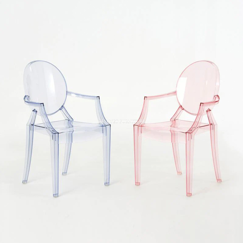 Wholesale modern acrylic transparent pink event arms ghost chairs for kids party