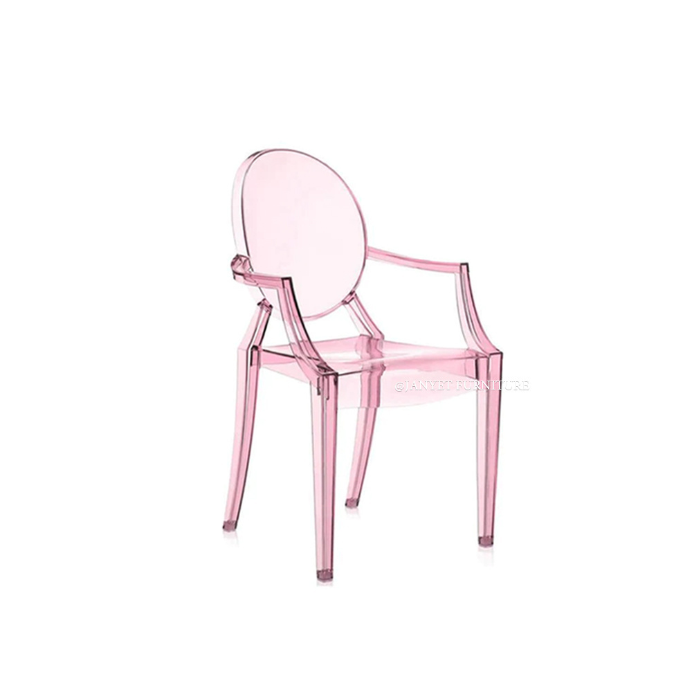 Wholesale modern acrylic transparent pink event arms ghost chairs for kids party