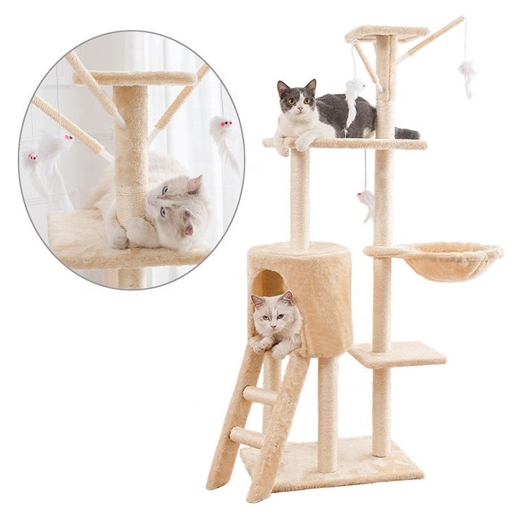 Multi-level Climbing Sisal Frameodern Wood Tower Furniture Scratch Post Pet House Cat Tree For Large Cats With Hammock Bed