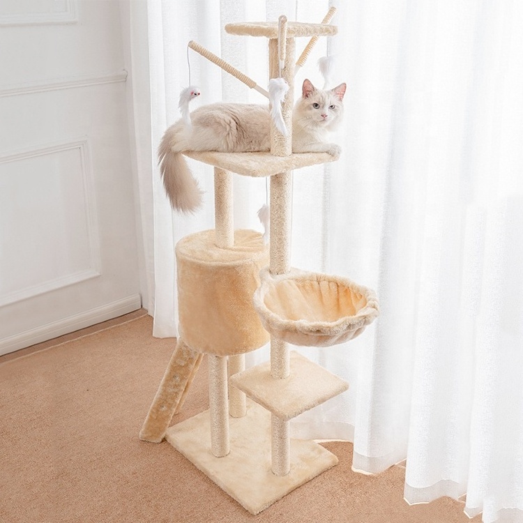 Multi-level Climbing Sisal Frameodern Wood Tower Furniture Scratch Post Pet House Cat Tree For Large Cats With Hammock Bed