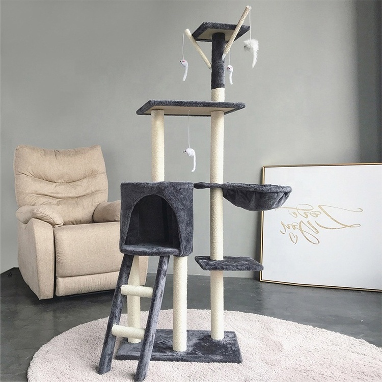 Multi-level Climbing Sisal Frameodern Wood Tower Furniture Scratch Post Pet House Cat Tree For Large Cats With Hammock Bed